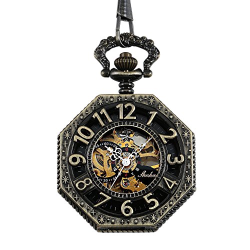 Carrie Hughes Steampunk Bronze Octagon Gold Skeleton Mechanical Pocket Watch with Chain Xmas Gift CHPW02