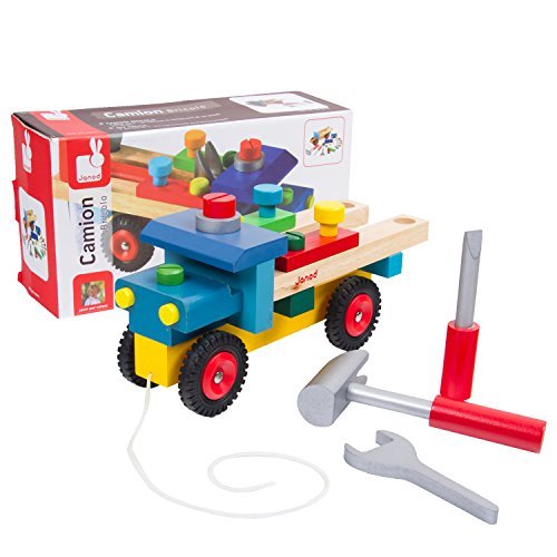 Janod Wood DIY Truck, 17 wood play pieces DIY Truck, Take-A-Part DIY Extending Ladder Educational DIY Toy Vehicle Truck Included Nuts and Bolts and Real Tools 9922-0012-01