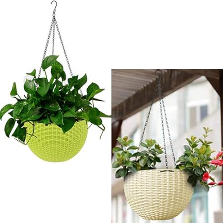 Antier (Green and Beige) 2 pcs Round Plastic Resin Chain Basket Hanging Planter Hanging Flowers and Plants,Growers