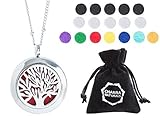 Aromatherapy Necklace -Tree of Life Design - Essential Oils Diffuser Jewelry 25mm Diameter Surgical Stainless Steel Locket/ Pendant w/ 24” Chain+17 Aromatherapy Refill Pads - Silver
