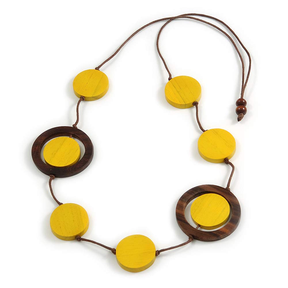 Avalaya Yellow/Brown Coin Wood Bead Cotton Cord Necklace - 88cm Long - Adjustable