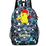 YOURNELO Cartoon Pokemon Rucksack School Backpack Bookbag for Boys Girls (Cap Pikachu Grid Blue)