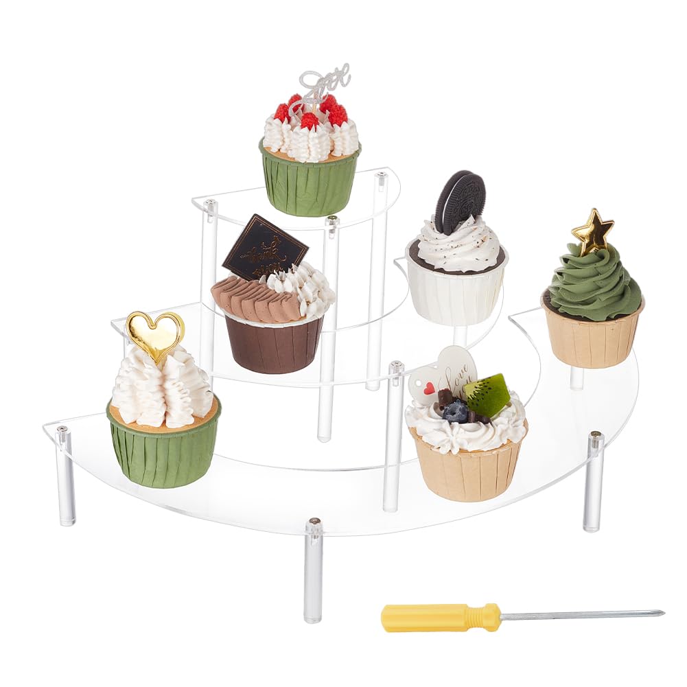 NBEADS 3-Tier Acrylic Risers Display Stand, Clear Cupcake Stand Holder Half Moons Dessert Display Stands Tower for Collections Wedding Party Figure Display, 20x40x16.8cm