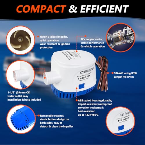 1100GPH Automatic Boat Bilge Water Pump Kit, 1-1/8 inch 12V Small Marine Bilge Pump with Float Switch, 6FT Hose, 2 Clamps, Thru-Hull Fitting, Ideal for Fishing Boats, Cruisers, Runabouts, Yachts