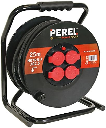 Perel 51013 Professional Cable Reel 4 Socket Extension Lead with Safety Circuit Breaker 25 m Black