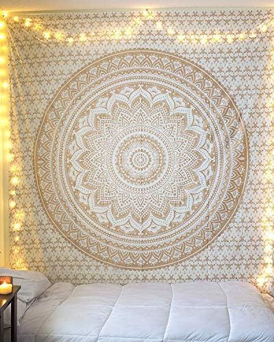 RAJRANG Tapestry Wall Hanging - 230 x 274 cm Cotton Large Ombre Tapestries Hippie Decorative Boho Mandala Tapastry for Living Room Decor - Golden & White