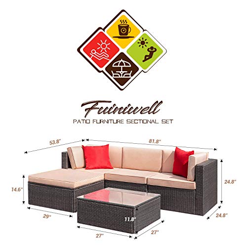 Furniwell 5 Pieces Outdoor Sectional Furniture Set Patio Wicker Rattan