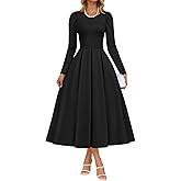 ZESICA Women's Long Sleeve Midi Dresses 2026 Spring Elegant Crewneck Swing A Line Wedding Guest Party Dress with Pockets
