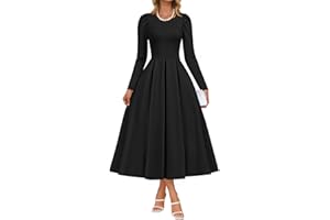 ZESICA Women's Long Sleeve Midi Dresses 2025 Fall Elegant Crewneck Swing A Line Wedding Guest Party Dress with Pockets