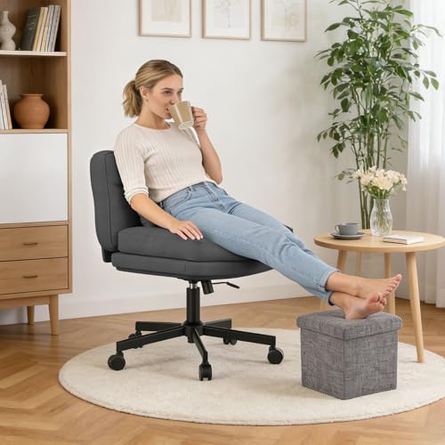 Submi Criss Cross Chair, Wide Desk Chair with Adjustable Height, Fabric Vanity Chair for Home, Swivel Criss Cross Chair for Work, Comfy cross legged office chair, Task Chair, Study, Gift, Black