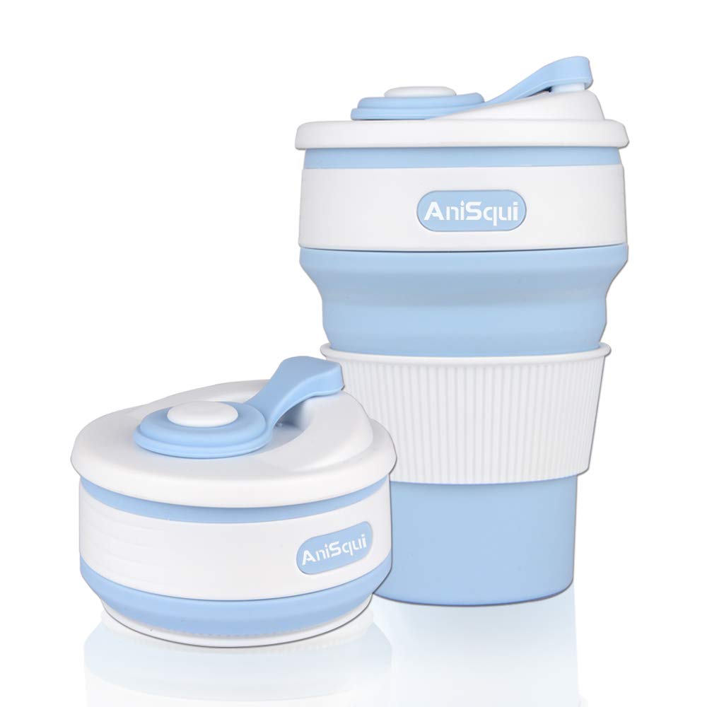 AniSqui Collapsible Coffee Cup Silicone with Lids (12oz 350ml, BPA Free Portable Coffee Cup), Foldable Mugs Collapsible Fits Your Pocket (Blue)