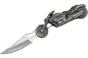 SZCO Rite Edge 4.75" Motorcycle Folding Knife – Etched Stainless Steel Blade, Cast Metal Handle, Built-in LED Light – Collectible Pocket Knives & Folding Knives for EDC, Bikers, Camping & Outdoor Use, Pocket Knife for Men