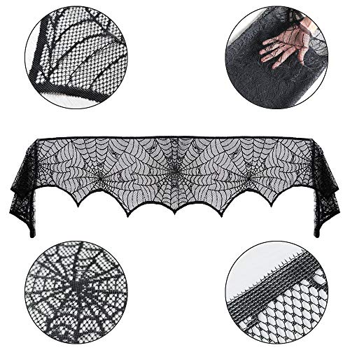Halloween Cobweb Fireplace Scarf, Black Lace Spiderweb Mantle Scarf for Halloween Home Party Supplies, 18 x 96 inch