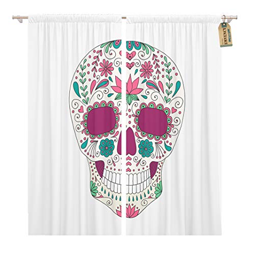 Golee Window Curtain Candy Skull Floral Sugar Lace Mexican Bone Calavera Celebration Home Decor Rod Pocket Drapes 2 Panels Curtain 104 x 63 inches