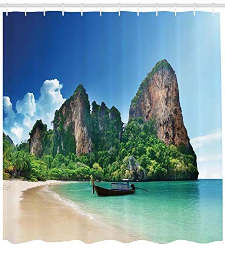 ABAKUHAUS Tropical Shower Curtain, Railay Beach Krabi Thailand Small Boat Crystal Water Rock Cliff Tropical Landscape, Cloth Fabric Bathroom Decor Set with Hooks, 78 Inches, Blue Green โ image 1
