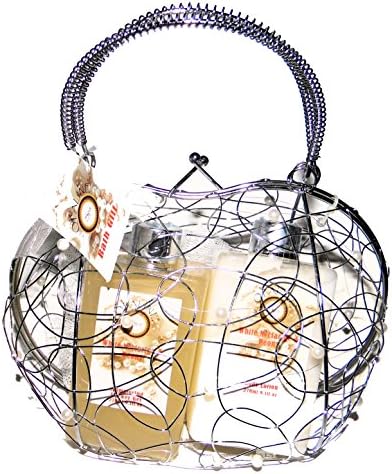 Opaline White Nectarine &amp; Peony Luxury Bath Spa Gift Set - Shower Gel, Body Lotion, Bath Puff &amp; Silvertone Wire Purse Shape Basket Shower Holder