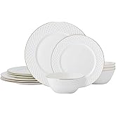 Mikasa Trellis Gold Rim Bone China Lightweight Chip Resistant 12 Piece Dinnerware Set, Service for 4