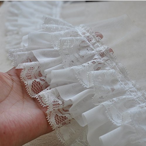 Photo 1 of 2 Yards of 9cm Width 3-Layer Floral Embroidery Ruffled Chiffon Lace Fabric Trim (White)