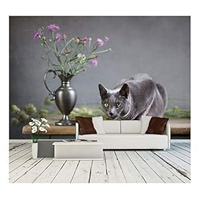 Still-Life with Flowers and Russian Blue Cat - Removable Wall Mural | Self-Adhesive Large Wallpaper - 66x96 inches