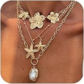 4Pcs Layered Large Gold Flower Necklace Seastar Baroque Pearl Pendant for Women Trendy, Statement Charm Beachy Necklaces Boho Holiday Beach Jewelry Gift