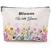 VACNKOCY Floral Makeup Bag for Women, Linen Cosmetic Pouch with Zipper, Watercolor Flower Travel Toiletry Bag, Inspirational Quote Gift for Her, Bridesmaid, Mom, Friend