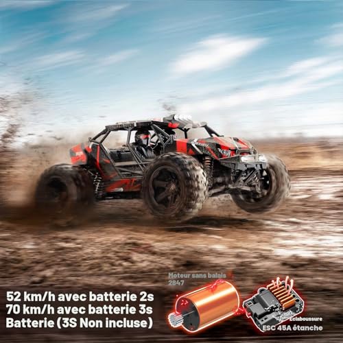 Womaqu Brushless Adult Remote Control Car 1:14, RC Car 4x4 68 km/h with Roll Cage and Reinforced Chassis, 2 LiPo 2S Batteries, Double Tyre Set, Radio Controlled Car Compatible 3S
