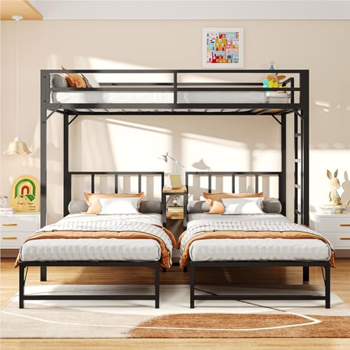 Simple Wisdom Literas de 3 Camas,Literas Individuales Tiene Tres Base Cama Individual,Litera Triple con Mesa,Equipado con Barandillas y Escaleras,La Base Metal es Resistente y Estable (Color Retro)