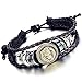 Flongo 2PCS Men's Women's Alloy Black & Brown Leather Bracelet Bangle Cuff Bronze Lion Head Surfer Wrap Braided Biker Adjustable Fit 8~11 inch