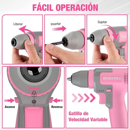 WORKPRO 8V Cordless Drill, Electric Drill with 3/8'' Drill Chuck, Electric Screwdriver, Variable Speed Driver, Type C Rechargeable Screwdriver, with 15pcs Accessories, Pink