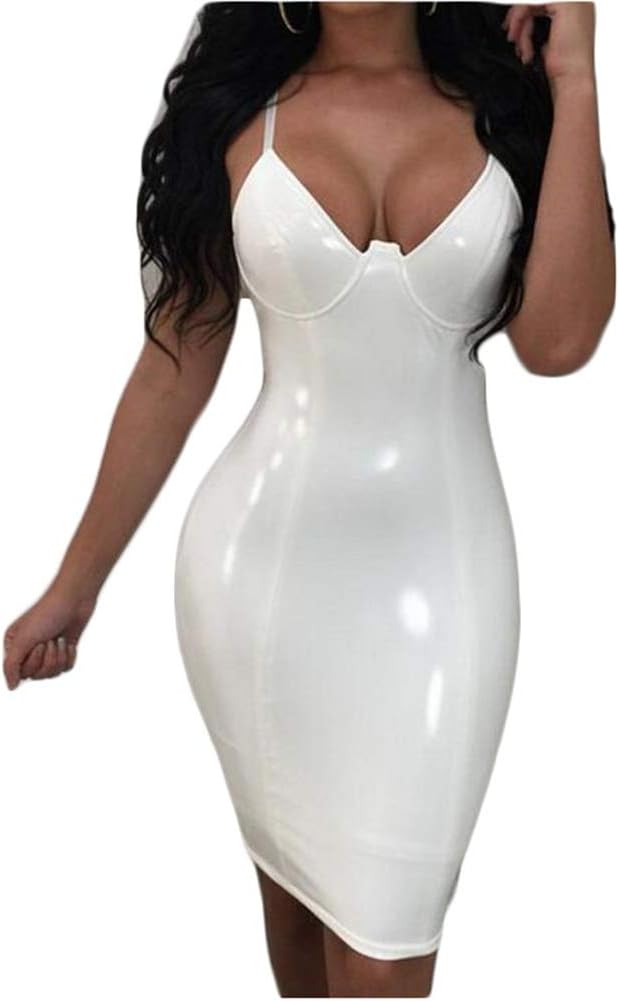 Women Deep V Wet Look PVC Faux Leather Sexy Clubwear Strap Sleeveless Cocktail Midi Bodycon Dress, white, M