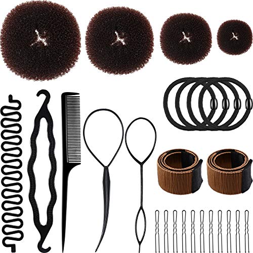 29 Pieces Hair Styling Accessories Kit Including Donut Bun Makers with Elastic Hair Ties and Hair Bobby Pins, French Styling Wrap Hair Bands and Hair Braiding Tools for Women