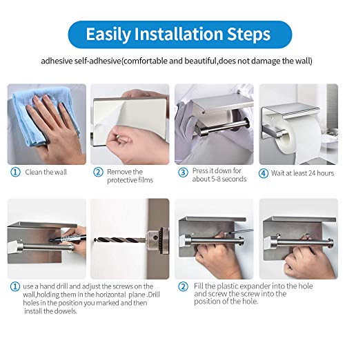 Portarrollos para Papel Higiénico, portarrollos baño adhesivo, Acero inoxidable SUS304, Porta Rollos de Papel Higienico con el Teléfono Móvil Estante de Almacenamiento (Plata) (Plata1)