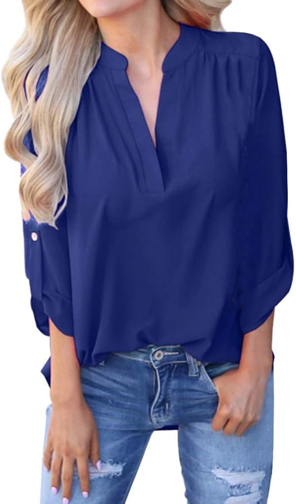 aihihe Blouses for Women Long Sleeve V Neck Casual Tops Solid Color Office Work Blouse Basic Tee Shirts Tops