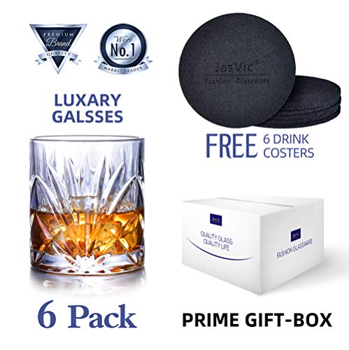 Whiskey Glasses Set of 6, Scotch Bourbon 10oz Crystal Whiskey Glass Cups, 100% Lead Free Old Fashioned Glasses Drinkware Gift
