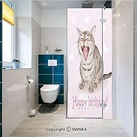 RWNFA Non-Adhesive Privacy Window Film Funny Cat Sings a Greeting Song Pink Backdrop with Hearts Flowers Door Sticker Glass Film 17.7 in. by 47.2in. (45cm by 120cm),Baby Pink Brown