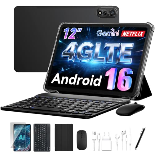 12 Inch Tablet with Keyboard, Android 16 Tablet, 4G LTE+5G WiFi 120Hz 24GB RAM+128GB ROM, Octa-Core Tablets with Pencil,Mouse,9000mAh/Gemini AI/WideVine L1/GPS/1200*2000/Face ID,4 Years Warranty