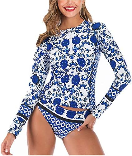 PUEEPDEE Long Sleeve Rash Guard Womens Long Sleeve Surfing Swimsuit Two Pieces Sun Protection Swim Shirts Printed Athletic Blue Wetsuit Swimsuit Top (Color : Blue, Size : L)