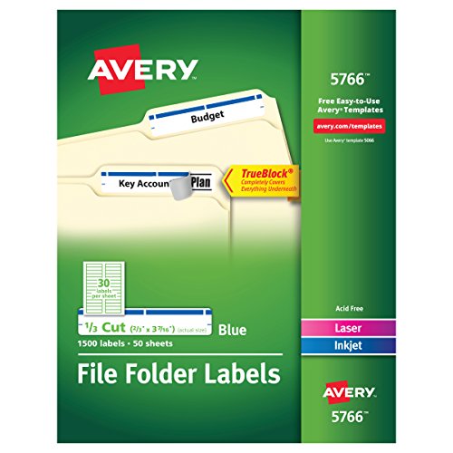 Avery Blue File Folder Labels For Laser And Inkjet Printers With TrueBlock Technology, 2/3 Inches X 3-7/16 Inches, Box Of 1500 (5766)