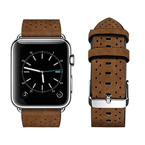 top4cus Genuine Leather iwatch Strap Replacement Band Stainless Metal Clasp, Compatible Apple Watch Series 4 Series 3 Series 2 Series 1 and Sport Edition (Holes Brown(Upgrade Version), 42 mm)