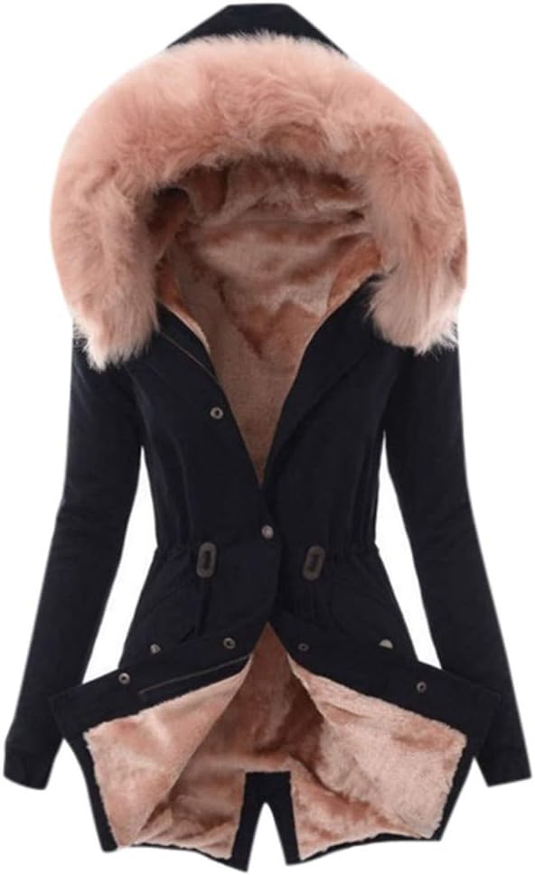 Womens Hooded Down Coats Fleece Line Parkas Faux Fur Jackets with Pockets Warm Winter Mid Length Windbreaker - Limsea