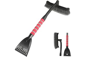 Bittwee 27'' Car 2-in-1 Snow Brush Ice Scraper, Extendable&Detachable Snow Removal Tool for Windshield, Auto Comfortable Foam Grip&180° Pivoting Brush Head for Cars Trucks SUVs Window (Red/Gray)
