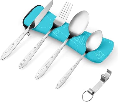 Vicloon Cutlery Set with Pouch 6 Pieces Stainless Steel Travel Flatware Blue
