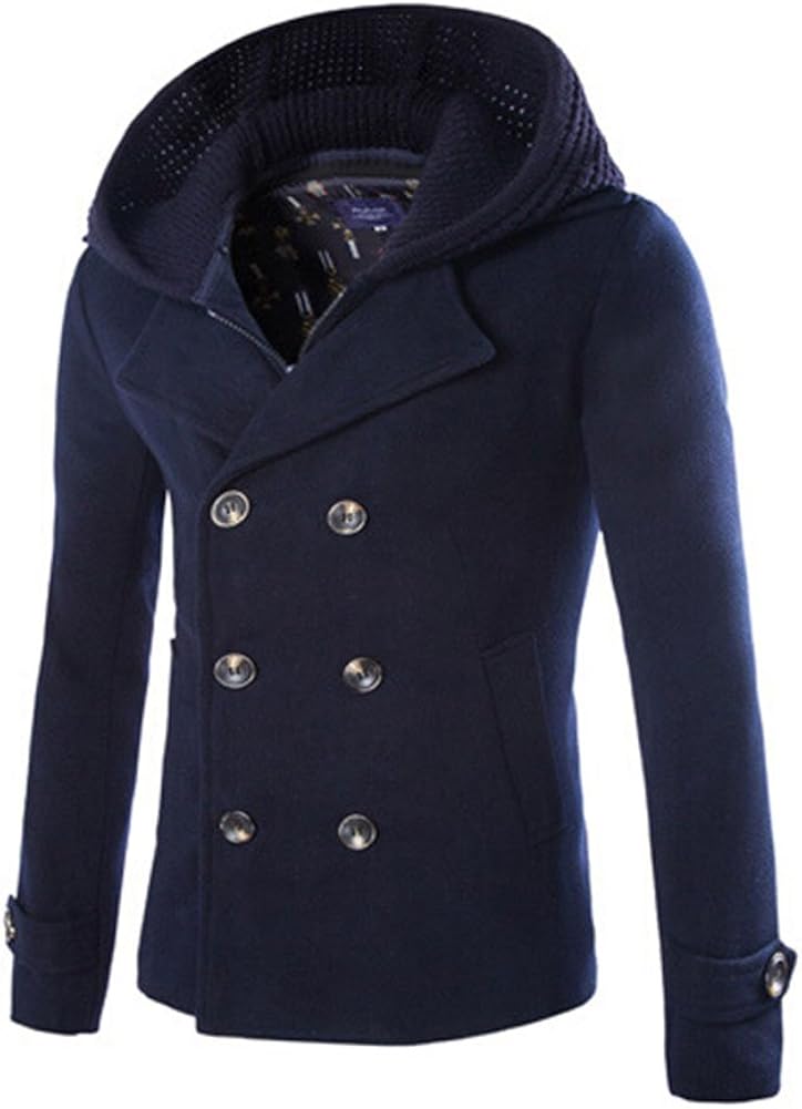 Mens Wool Double Breasted Pea Coat with Removable Hood (D116 Navy, L
