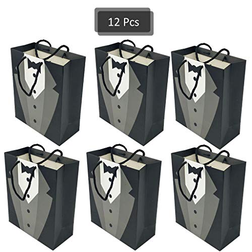 12 Pack Groomsmen Gift Bags, DreamJ 9"x7.5"x3.5"Party Favors Bags Black Kraft Paper Bags with Tie Shirt Pattern for Wedding Birthday Party Groomsmen Tuxedo Anniversary Shopping Gift Bags