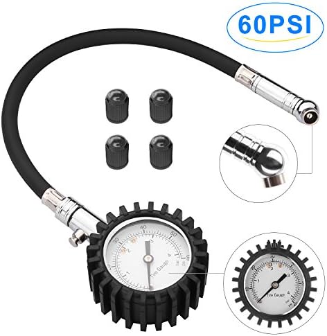 Toppeorne Auto Professional High Accuracy Tire Pressure Gauge Flexi 60 PSI - Heavy Duty Construction with Rubber Hose , Bleeder Valve , best For Your Car Truck and Motorcycle - 4 Free Valve Caps