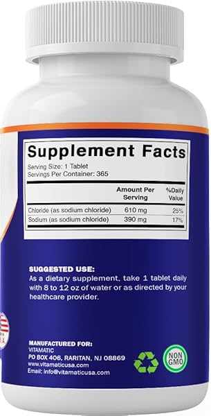 VITAMATIC SODIUM CHLORIDE 1000MG – 365 TABLETS ELECTROLYTE REPLENISHER & HYDRATION SUPPORT – NON-GMO, GLUTEN-FREE