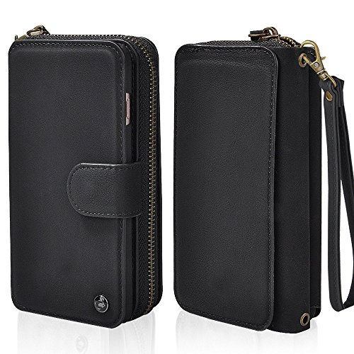 CORNMI iPhone 6 Plus Case, Vintage Leather Magnetic Flip Wallet Case with 10 Credit Card Holder & Wrist Strap & Mirror for iPhone 6 Plus & iPhone 6S Plus 5.5 inch Black