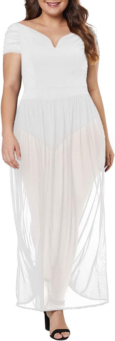 XAKALAKA Women's Plus Size Lace Off Shoulder Sweetheart Bodysuit Sheer Club Long Dress Beachwear
