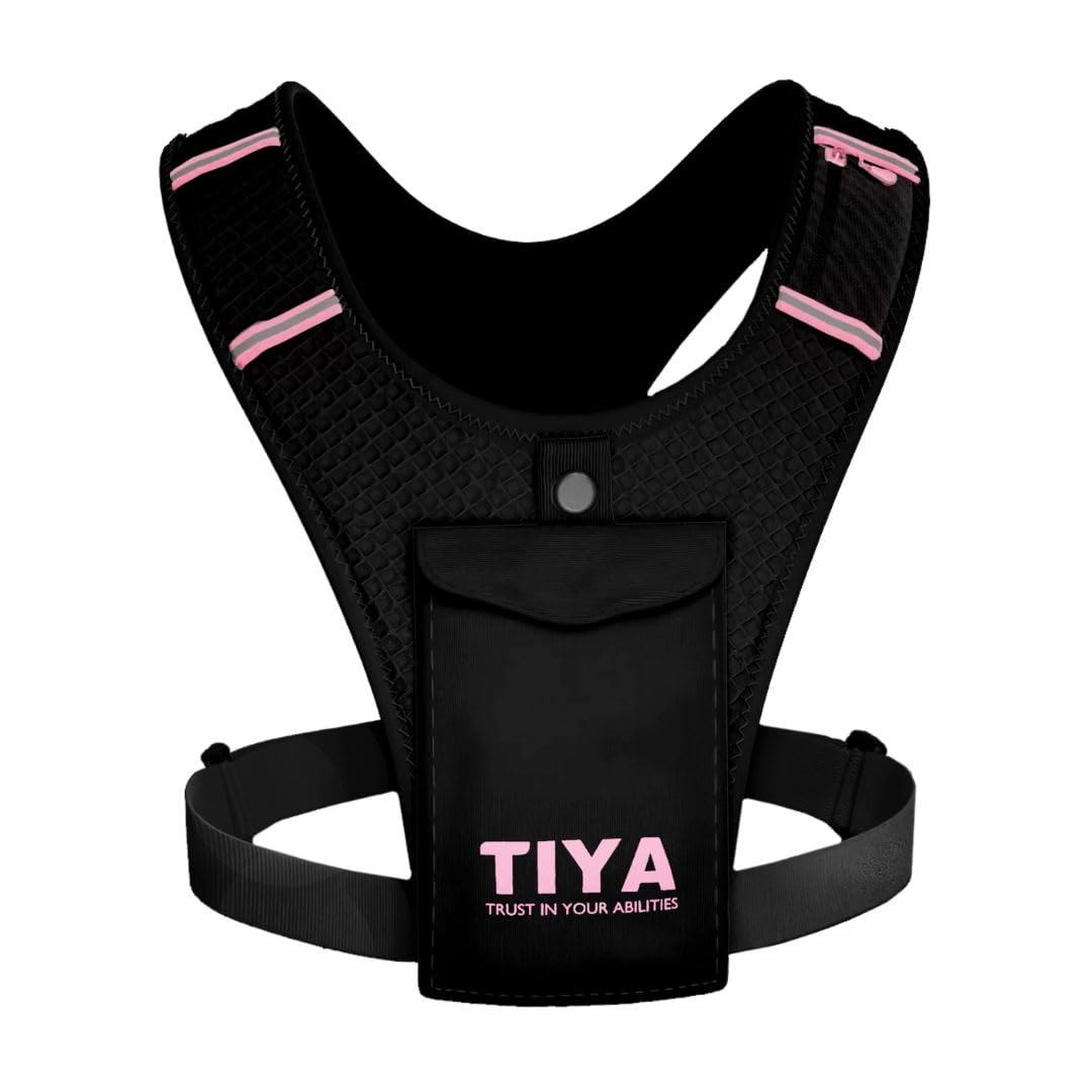 TIYA Running Vest Phone Holder | Waterproof Smartphone Pouch | Zero Bounce | Ultra Lightweight | Reflective | Shoulder Pocket for Keys, Cards & Gel | Adjustable | Men & Women | Black/Pink