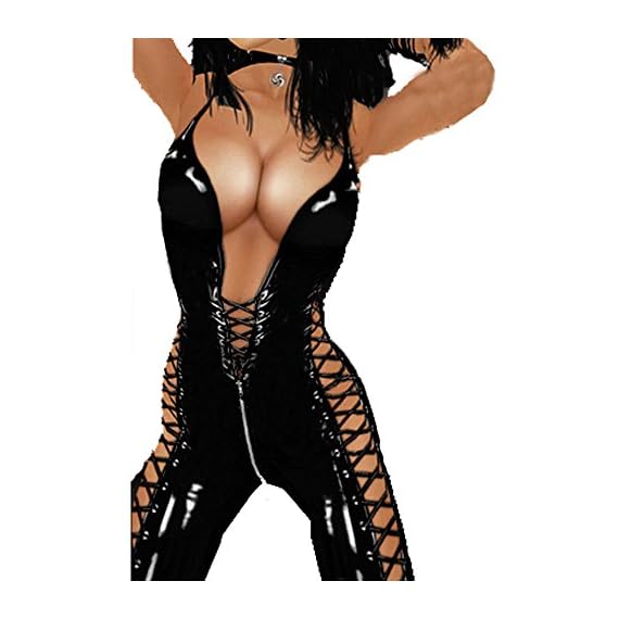 Fashion-Queen-Womens-Gothic-Jumpsuit-Lace-Up-Faux-Leather-Bodysuit-Catsuit-Sexy-Clubwear